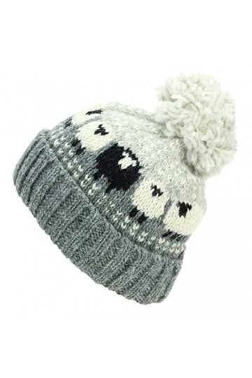 LOUDelephant Bonnet à pompon en laine - Mouton, gris, taille unique