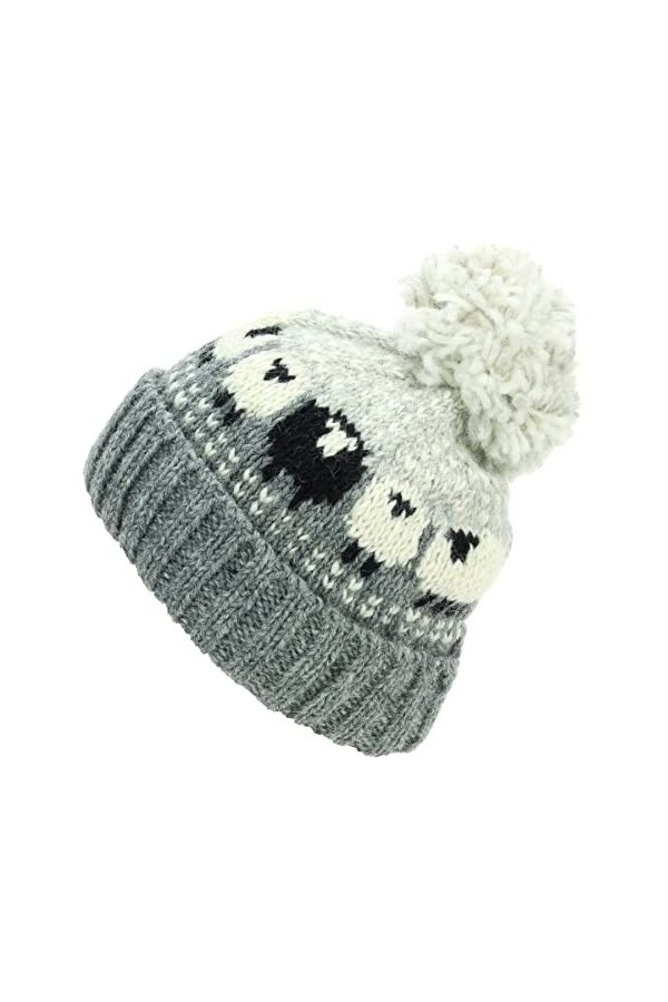 LOUDelephant Bonnet à pompon en laine - Mouton, gris, taille unique