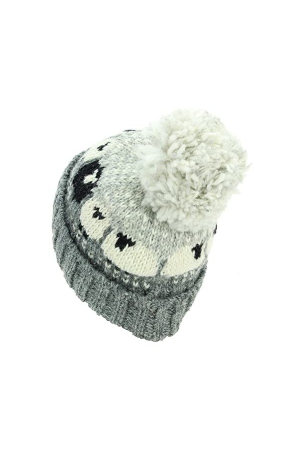 LOUDelephant Bonnet à pompon en laine - Mouton, gris, taille unique
