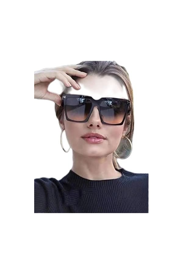 DSAI Lunettes de soleil carrées tendance vintage surdimensionnées T pour femmes, lunettes de soleil noires dégradées pour fem