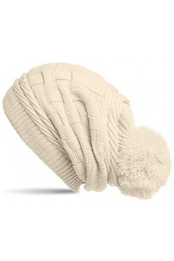CASPAR MU130 Bonnet Beanie pour femme en tricot doublé avec torsades et pompon, Couleur:beige.Taille:One Size