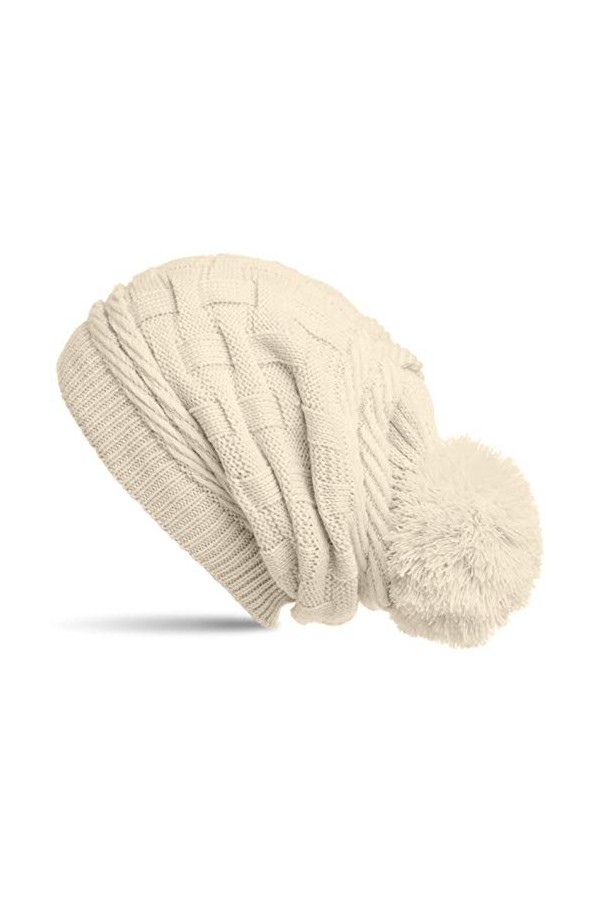 CASPAR MU130 Bonnet Beanie pour femme en tricot doublé avec torsades et pompon, Couleur:beige.Taille:One Size