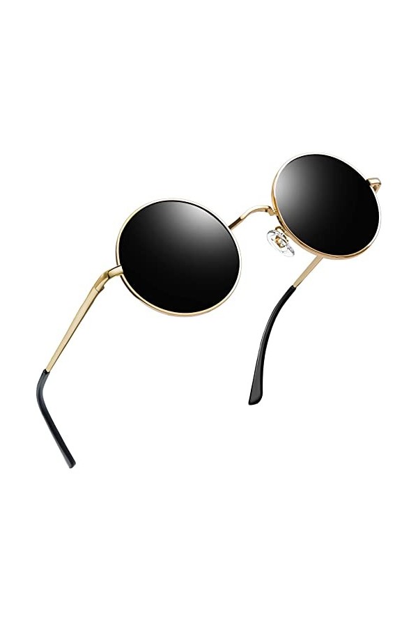 Joopin Lunettes de Soleil Homme Ronde Hippie Lunette de Soleil Polarisée Rétro Vintage Style Basique pour Voyage UV400 Noir O