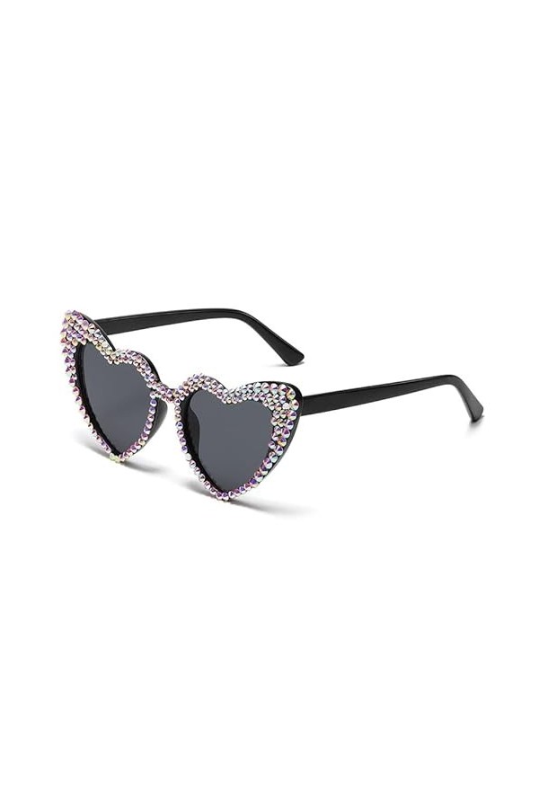 TICHEROMU Lunettes de soleil en forme de cœur avec strass pour femme - Style rétro et vintage - Protection UV400, Noir , Larg