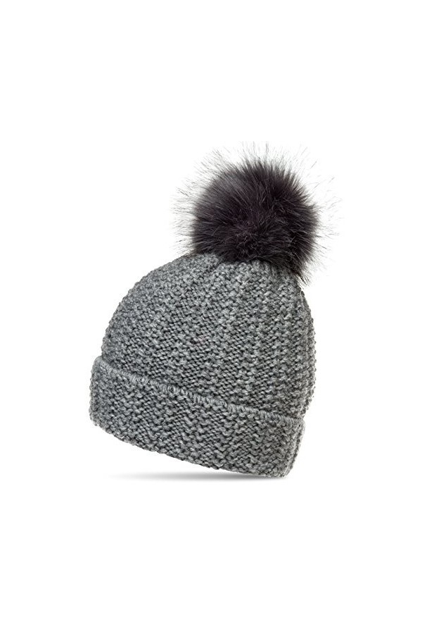 Caspar MU190 Bonnet en Tricot doublé avec Gros Pompon en Fausse Fourrure pour Femme, Couleur:Gris, Taille:Taille Unique