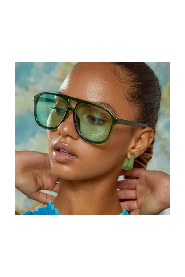 GUANGUAN Lunettes de Soleil Pilote surdimensionnées Vertes Femmes Nuances rétro Classique Vintage Lunettes de Soleil Femmes C