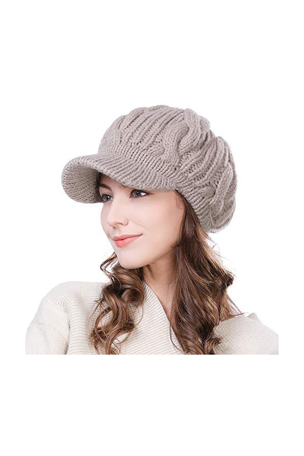 Fancet 100 bonnets dhiver en laine mérinos pour femme Béret Newsboy visière Bonnet beige doublé coton SIGGI