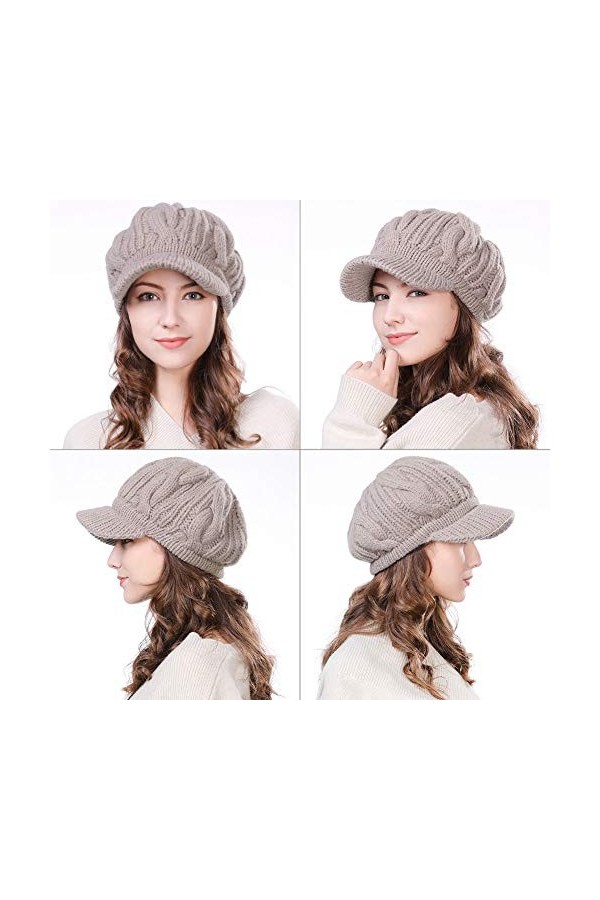 Fancet 100 bonnets dhiver en laine mérinos pour femme Béret Newsboy visière Bonnet beige doublé coton SIGGI