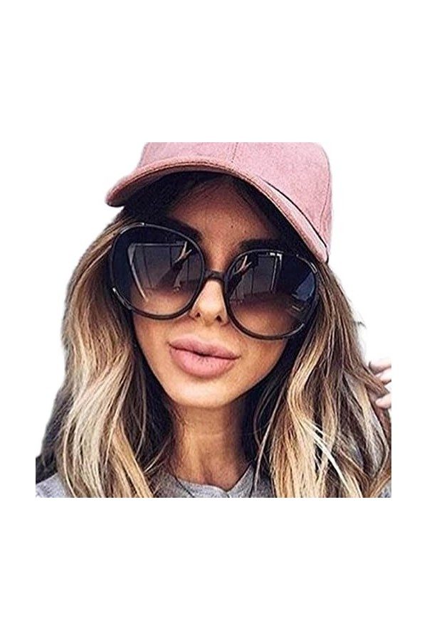 DSAI Lunettes de soleil à monture ronde pour femme rétro marron noir surdimensionné lunettes de soleil femme mode extérieur c