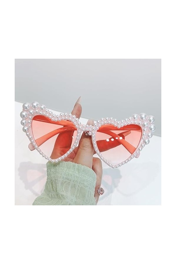 TICHEROMU Lunettes de soleil vintage en forme de cœur en forme de cœur avec perles pour femme, lunettes de soleil œil de chat