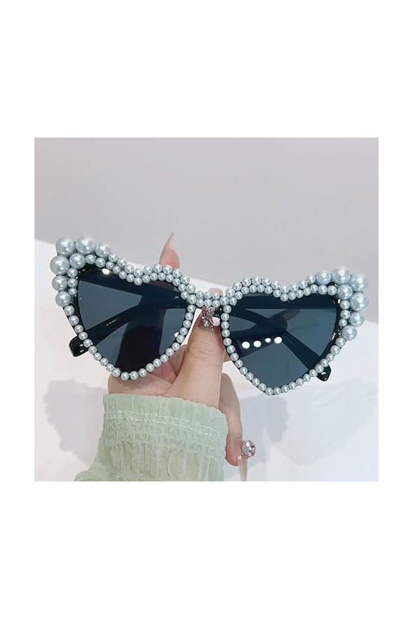 TICHEROMU Lunettes de soleil vintage en forme de cœur en forme de cœur avec perles pour femme, lunettes de soleil œil de chat