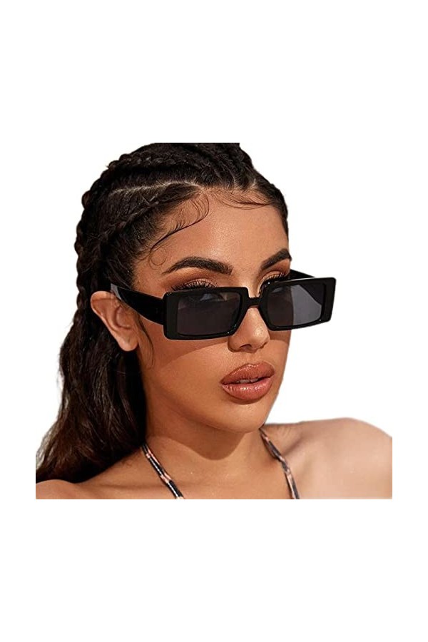 YANGQI Lunettes de soleil rectangulaires rétro étroites pour femmes et hommes - Style vintage - Rectangulaire tendance - Pour