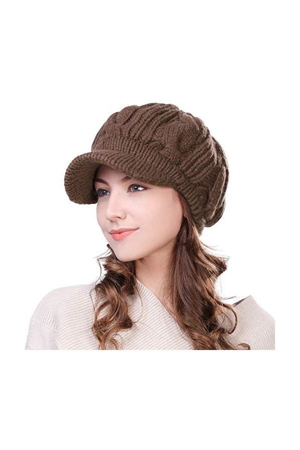 Siggi Femme 100% Laine Mérinos Casquette dHiver Bonnet Chapeau Béret Newsboy Visière Épaisseur en Tricot Café