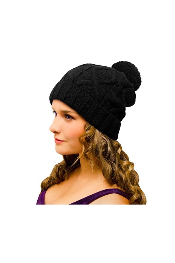 Bonnet à Pompon pour Homme et Femme Bleu, Gris, Bordeaux, Noir ou Moutarde – Bonnet dhiver tricoté avec Pompons – Bonnet e