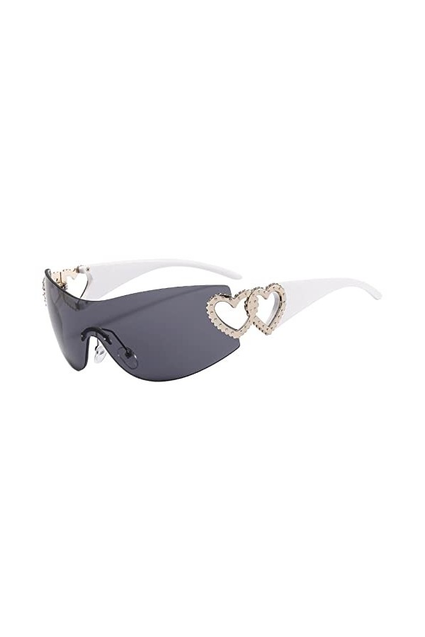 TICHEROMU Lunettes de soleil Y2K sans monture pour femme, lunettes de soleil surdimensionnées tendance en forme de cœur, gris