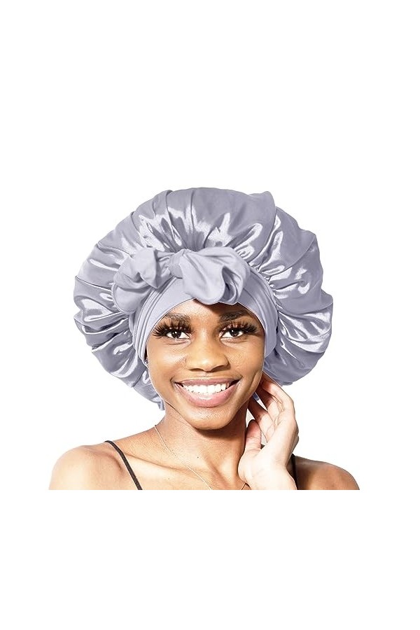 Bonnet Queen noir pas de glissadesoie satinBonnet, bonnet avec bandes extensibles bonnet de nuit pour les femmes a long cheve