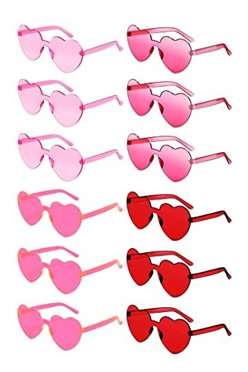 Pibupibu Lot de 12 lunettes de soleil en forme de cœur colorées pour femme, sans monture en forme de cœur - Couleurs fluo - L