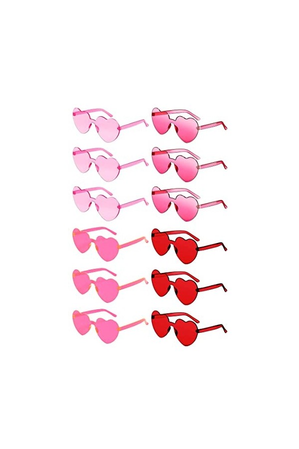 Pibupibu Lot de 12 lunettes de soleil en forme de cœur colorées pour femme, sans monture en forme de cœur - Couleurs fluo - L