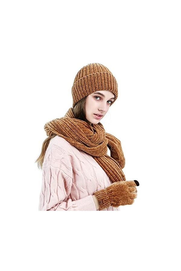 LumiSyne Hiver 3 En 1 Packs Bonnet Tricoté Écharpe Et Gants Homme Femme Jacquard Exquis Foulard De Couleur Unie Gants dÉcran