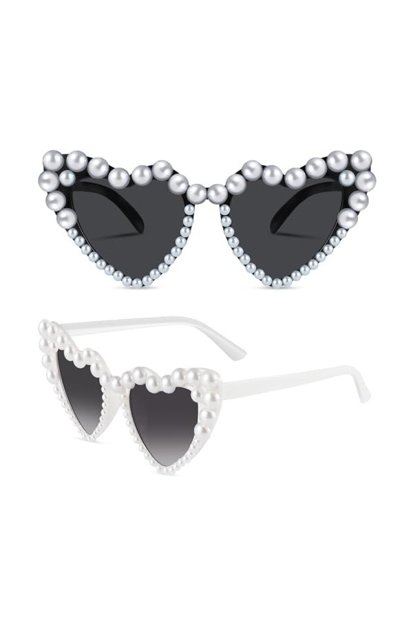 Smilcloud Fashoin Lot de 2 paires de lunettes de soleil en forme de cœur avec perles pour femmes, filles, adultes, enfants, f