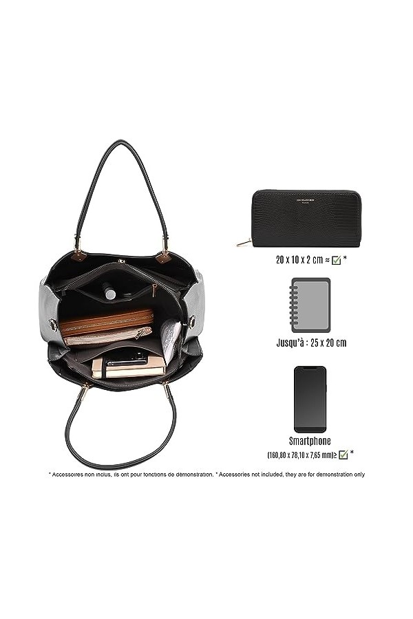 David Jones Sac à main Femme Cabas Trapèze | Multi Compartiments et Poches | Porté-épaule avec bandoulière | Simili Cuir PU L