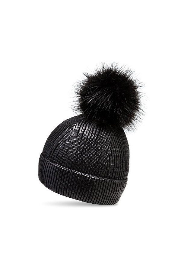 Caspar MU192 Bonnet en tricot doublé avec pompon XL en fausse fourrure métallisée et paillettes pour femme, Taille:Taille uni