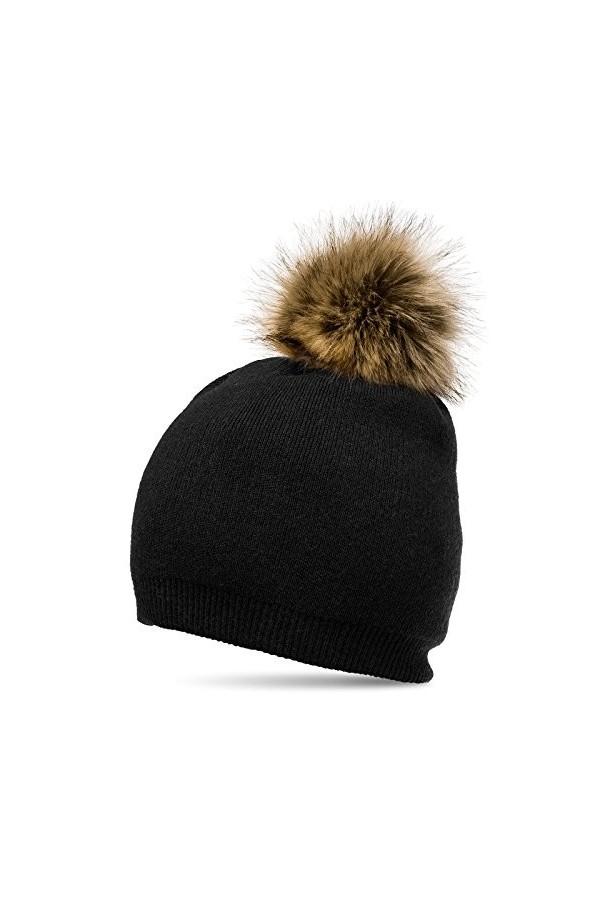 Caspar MU187 Bonnet en tricot élégant avec pompon en fausse fourrure pour femme, Couleur:noir, Taille:Taille unique