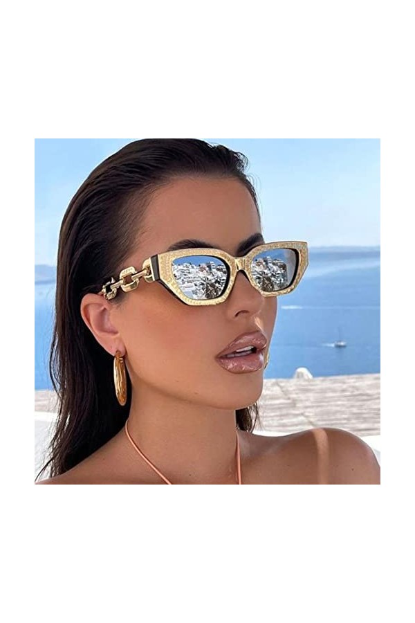 CSRP Lunettes de Soleil Yeux de Chat Vintage pour Femmes Nouvelle Marque Petite chaîne en métal Lunettes de Soleil Lunettes d