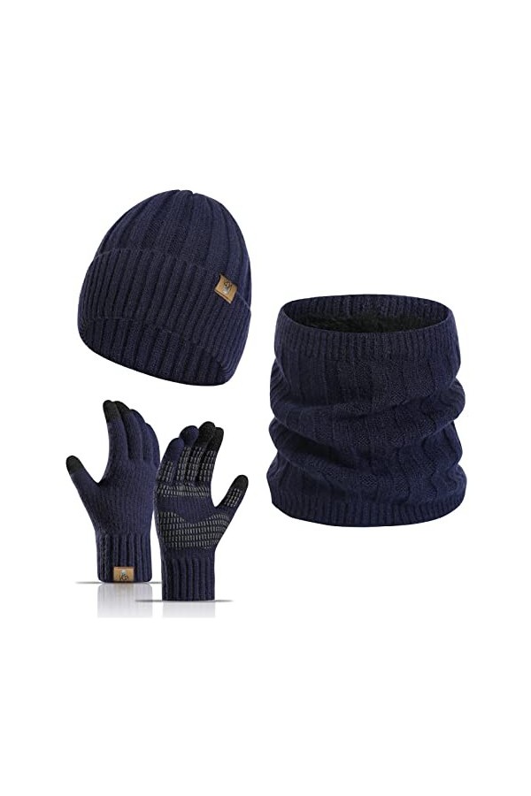 INSISMY Ensemble de Bonnet Tricoté Écharpe Gants Antidérapants Hiver Beanie Bonnet en Tricot Épais avec Doublure Polaire pour