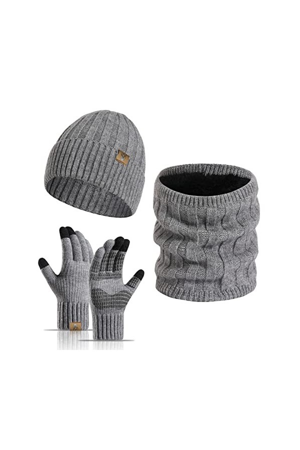 INSISMY Ensemble de Bonnet Tricoté Écharpe Gants Antidérapants Hiver Beanie Bonnet en Tricot Épais avec Doublure Polaire pour