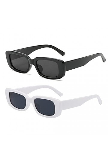 Long Keeper Lunettes de Soleil Rectangulaires Vintage Protection UV400 Lunettes Carrées Rétro pour Femmes Homme Noir+Blanc N