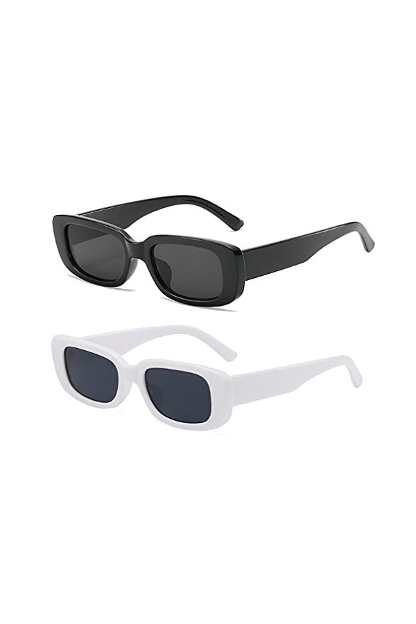 Long Keeper Lunettes de Soleil Rectangulaires Vintage Protection UV400 Lunettes Carrées Rétro pour Femmes Homme Noir+Blanc N