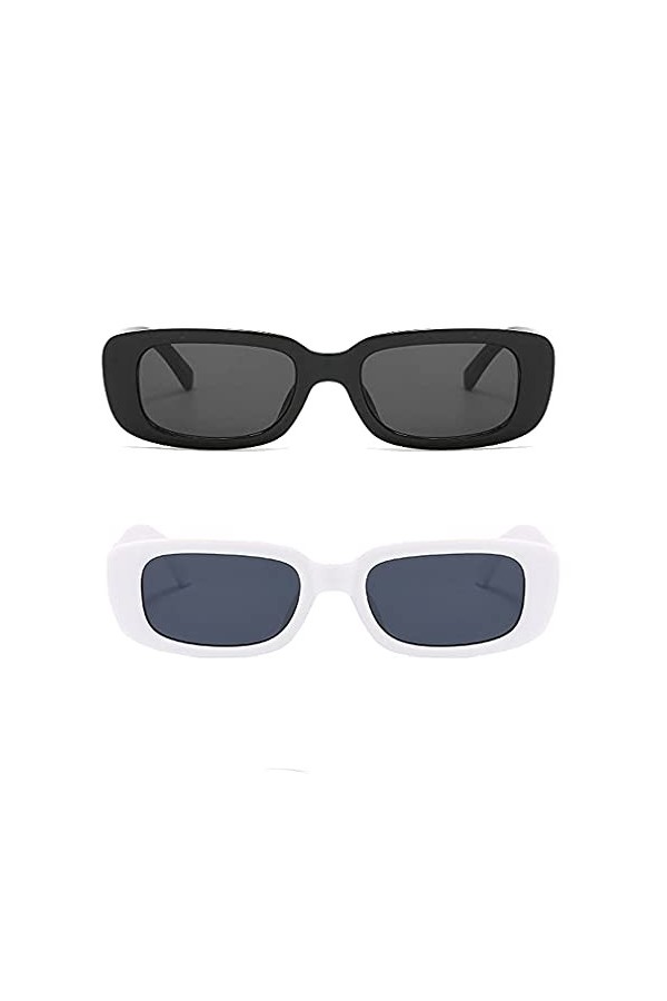 Long Keeper Lunettes de Soleil Rectangulaires Vintage Protection UV400 Lunettes Carrées Rétro pour Femmes Homme Noir+Blanc N