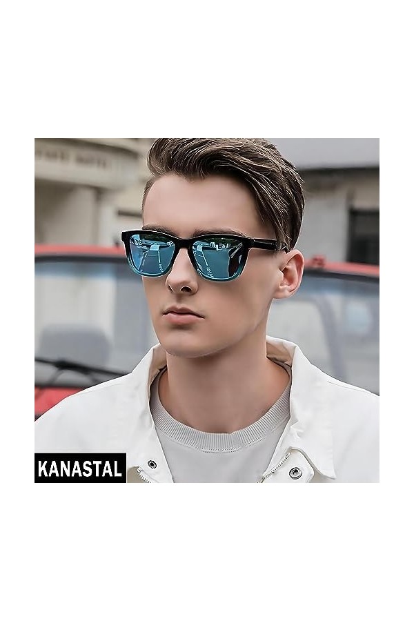 KANASTAL Lunettes de Soleil Polarisées pour Homme et femme Rectangulaire Lunettes de Soleil Bleues Mode Lunettes de Soleil Lé