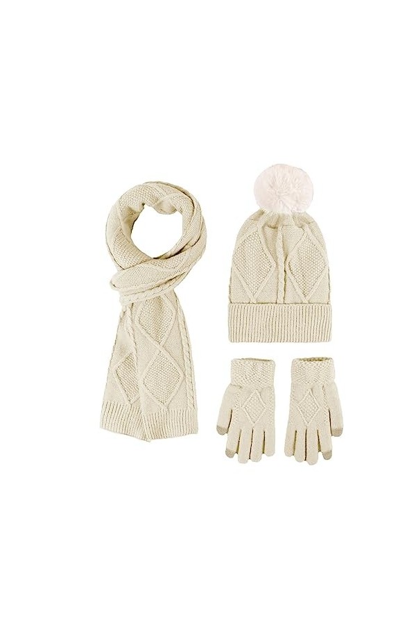 Ruiqas Ensemble de gants pour écran tactile, écharpe longue, bonnet, pompon, unisexe, tissu extensible doux, chaud pour garde