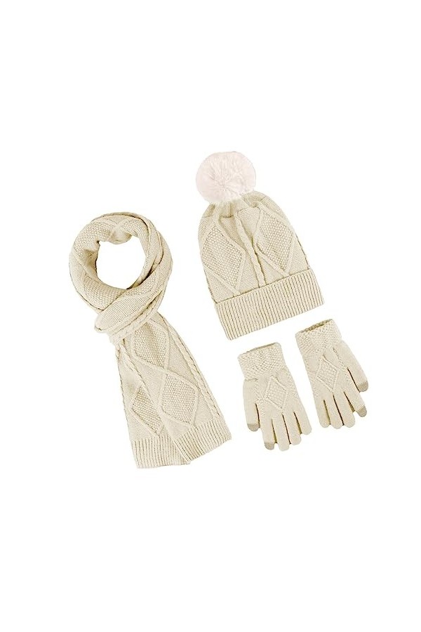 Ruiqas Ensemble de gants pour écran tactile, écharpe longue, bonnet, pompon, unisexe, tissu extensible doux, chaud pour garde