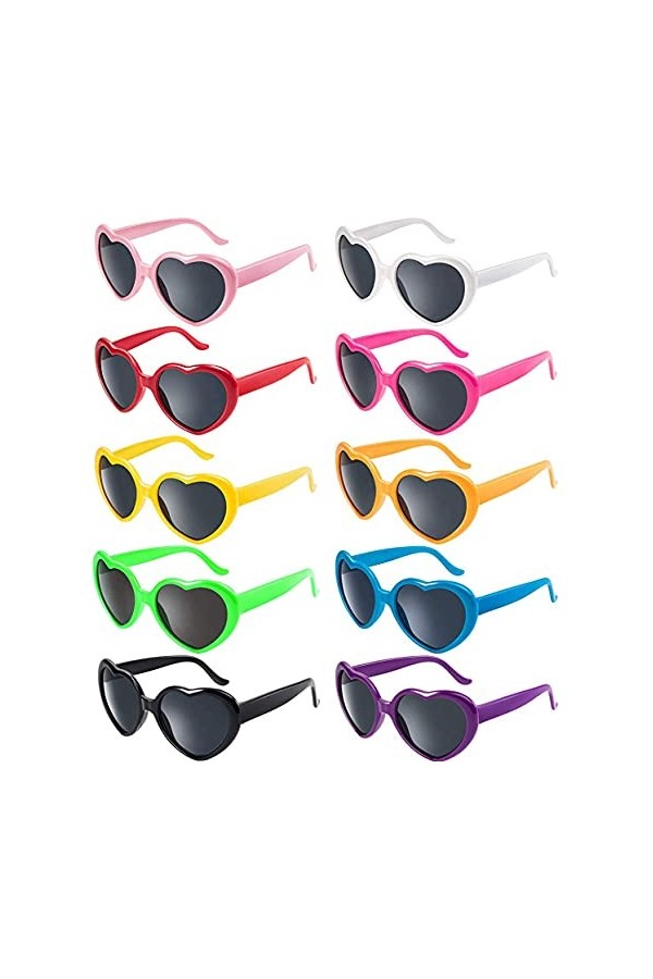 FSMILING Lot de 10 Lunettes de soleil coeur Lunettes de Soleil en Forme de Coeur de Couleurs Néon pour Femmes Faveurs Cadeaux