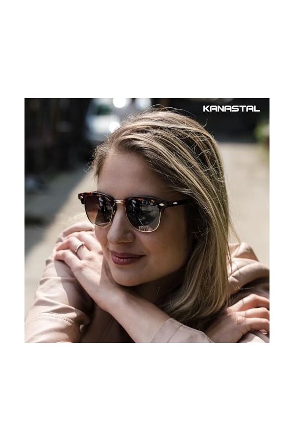 KANASTAL Lunettes de Soleil Polarisées Hommes et Femmes Lunettes de Soleil Demi-Monture Métal Classiques Lunettes de soleil R