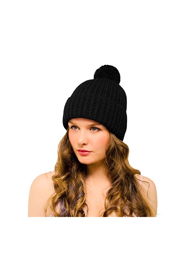 Entire Empire Magnifique bonnet à pompon – Bonnet en laine avec pompon pour homme et femme – Tricot épais avec pompon – Bonne