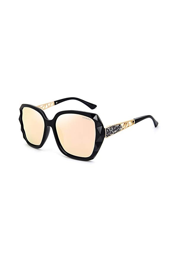 LECKIRUT Lunettes de Soleil Pour Femmes Polarisées Surdimensionnées Classiques 100% UV Protection Cadre Noir Lentille Rose