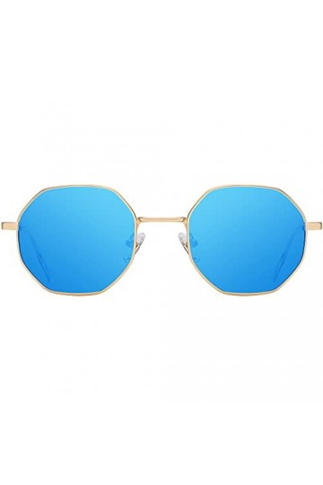 H HELMUT JUST Lunettes de Soleil Homme Femme Octogonale Polarisées Verres Miroir Bleu Glacier Vintage Monture en Métal