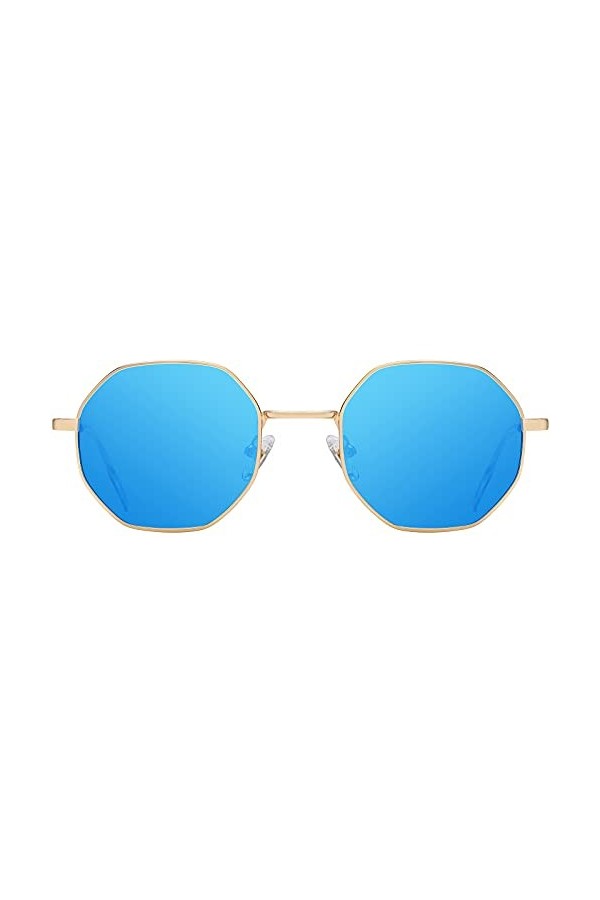 H HELMUT JUST Lunettes de Soleil Homme Femme Octogonale Polarisées Verres Miroir Bleu Glacier Vintage Monture en Métal