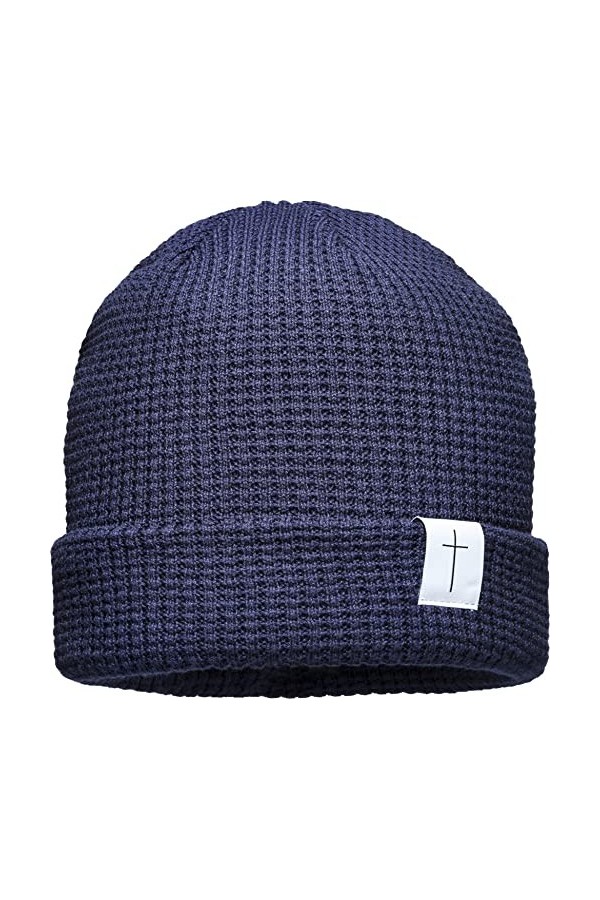 Bonnet unisexe en coton biologique : croix patch – Bonnet dhiver en coton bio pour femme, Bleu marine - Croix, taille uniq