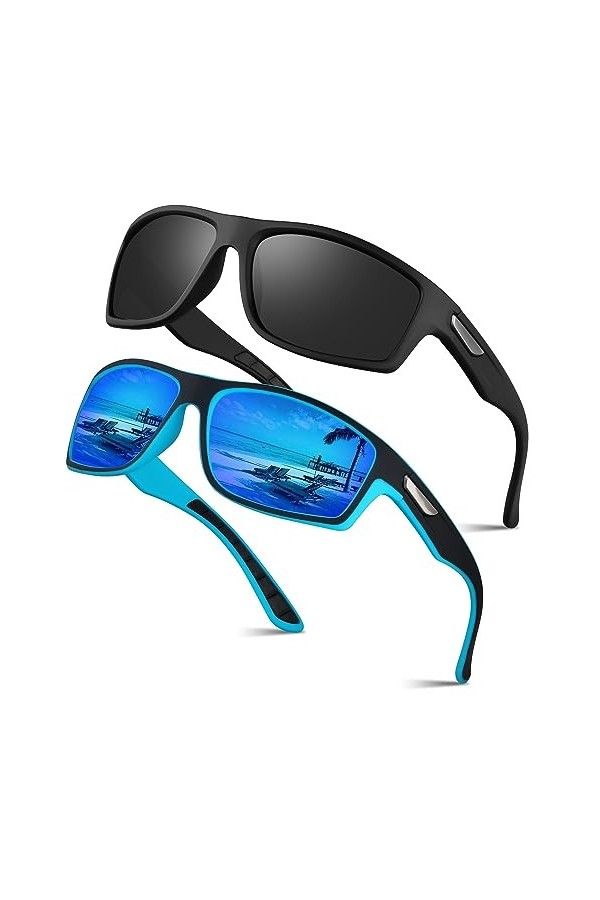 Ollrynns Lunettes de soleil homme polarisées 2 Paires Lunettes de sport UV400 Lunette polarisante peche pour hommes femmes cy