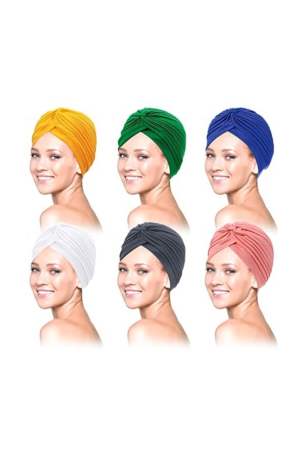 Lot de 6 turbans pour femme en jersey stretch turban africain pour femme - Bandeau doux - Nœud - Mode plissé - Bonnet, multic