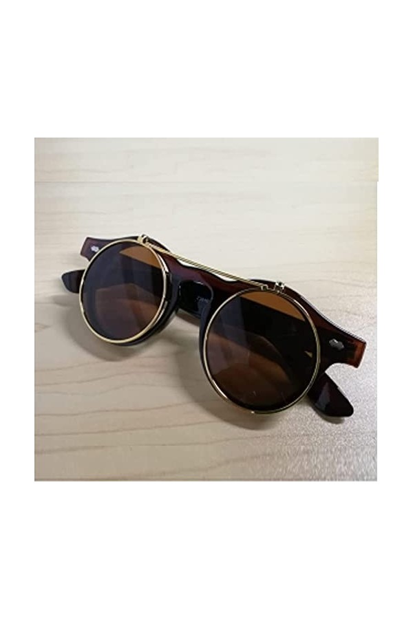Riloer Lunettes de soleil Steampunk, style rétro, monture ronde, pour femmes et hommes, lunettes de soleil, marron