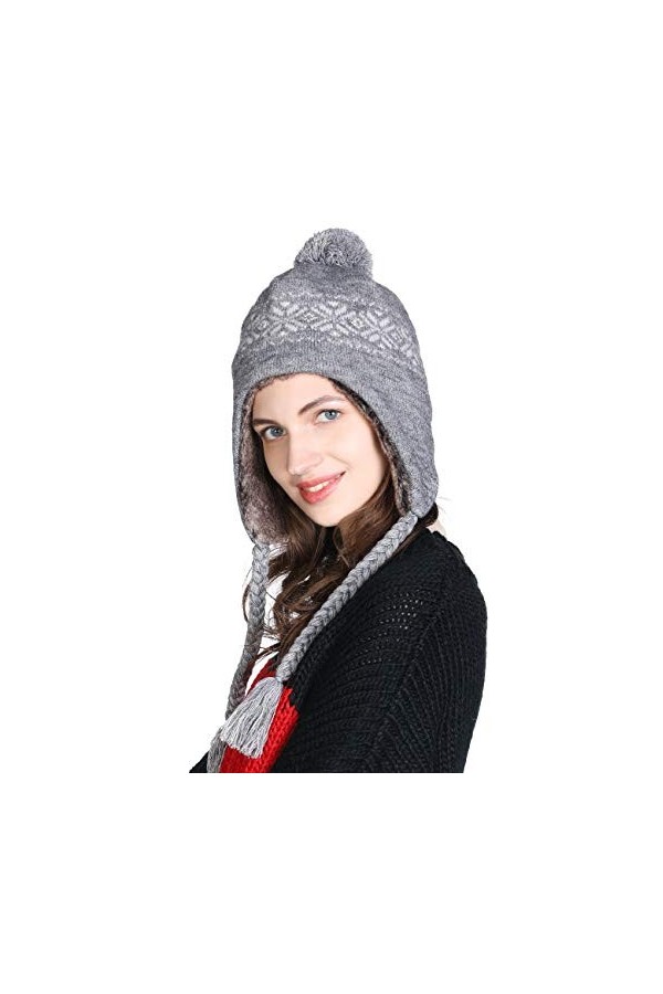 FANCET Bonnet à Pompons pour Femme - Gris - Medium