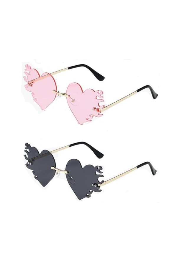 ZeYou Lot de 2 paires de lunettes de soleil unisexe en forme de cœur pour femme - Style rétro - Style punk - Sans cadre - Pou