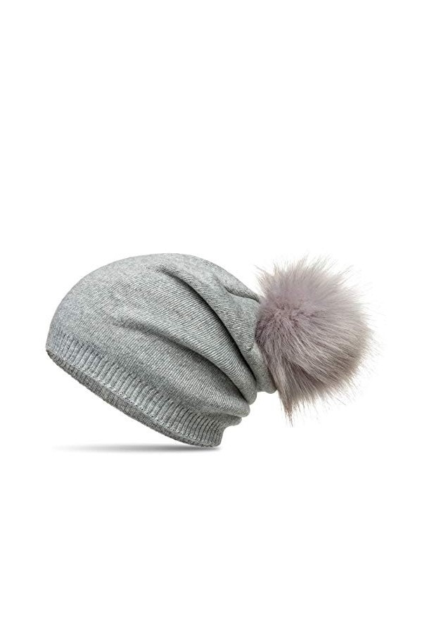 Caspar MU205 Bonnet en tricot doublé de polaire avec pompon en fausse fourrure pour femme, Couleur:gris clair, Taille:Taille 