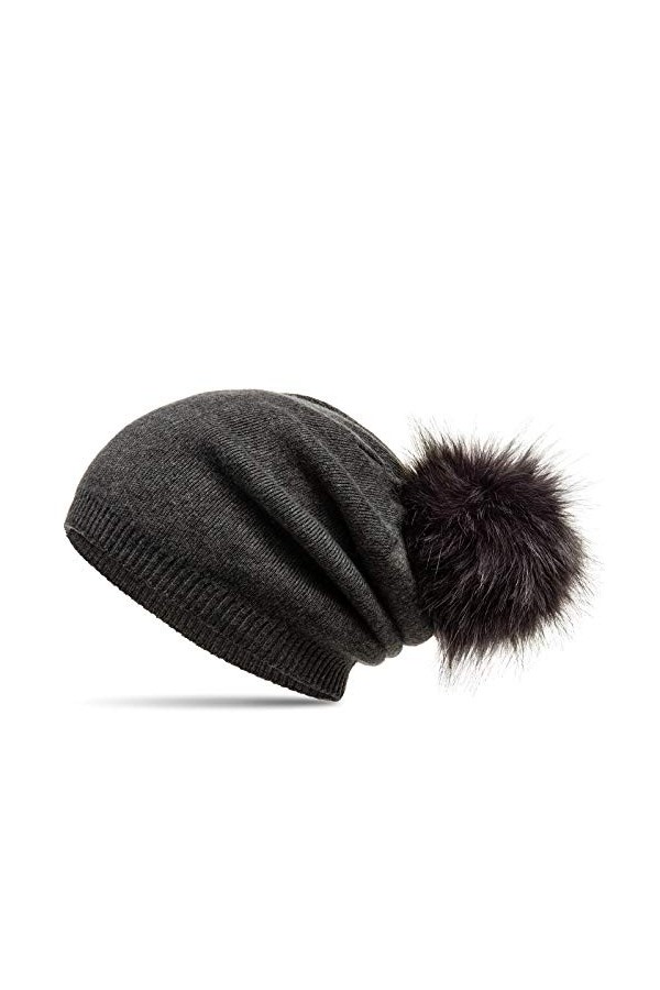 Caspar MU205 Bonnet en tricot doublé de polaire avec pompon en fausse fourrure pour femme, Couleur:gris clair, Taille:Taille 